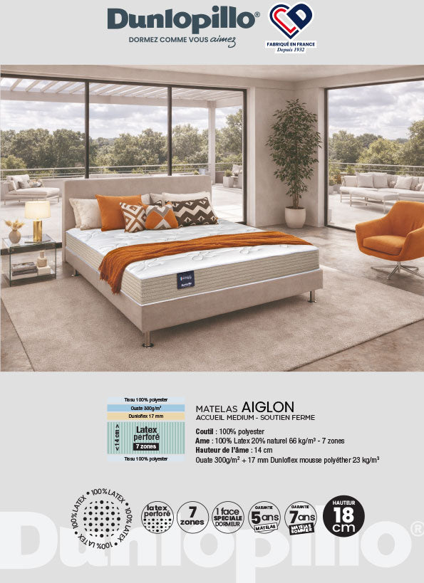 fiche Matelas 100% Latex Dunlopillo Aiglon 