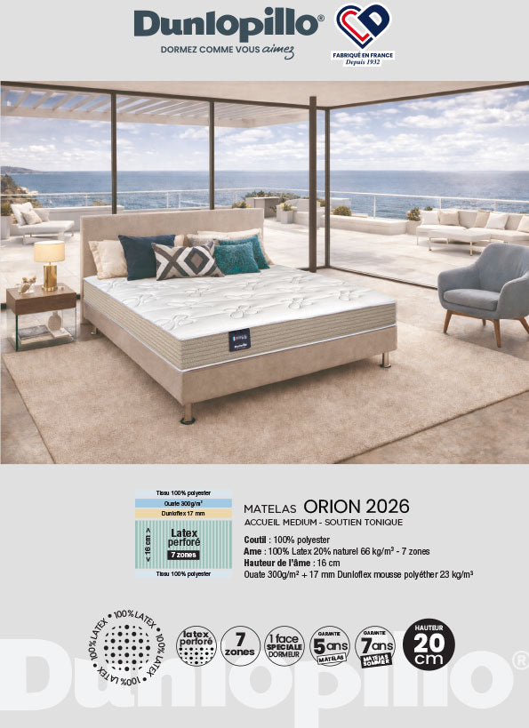 fiche Matelas 100% Latex Dunlopillo Orion 