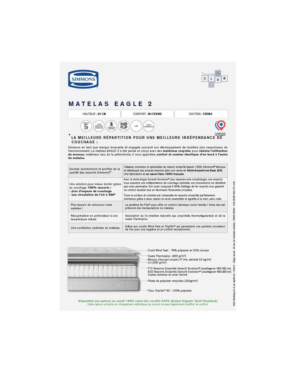 Matelas ressort Simmons - EAGLE - toutes tailles