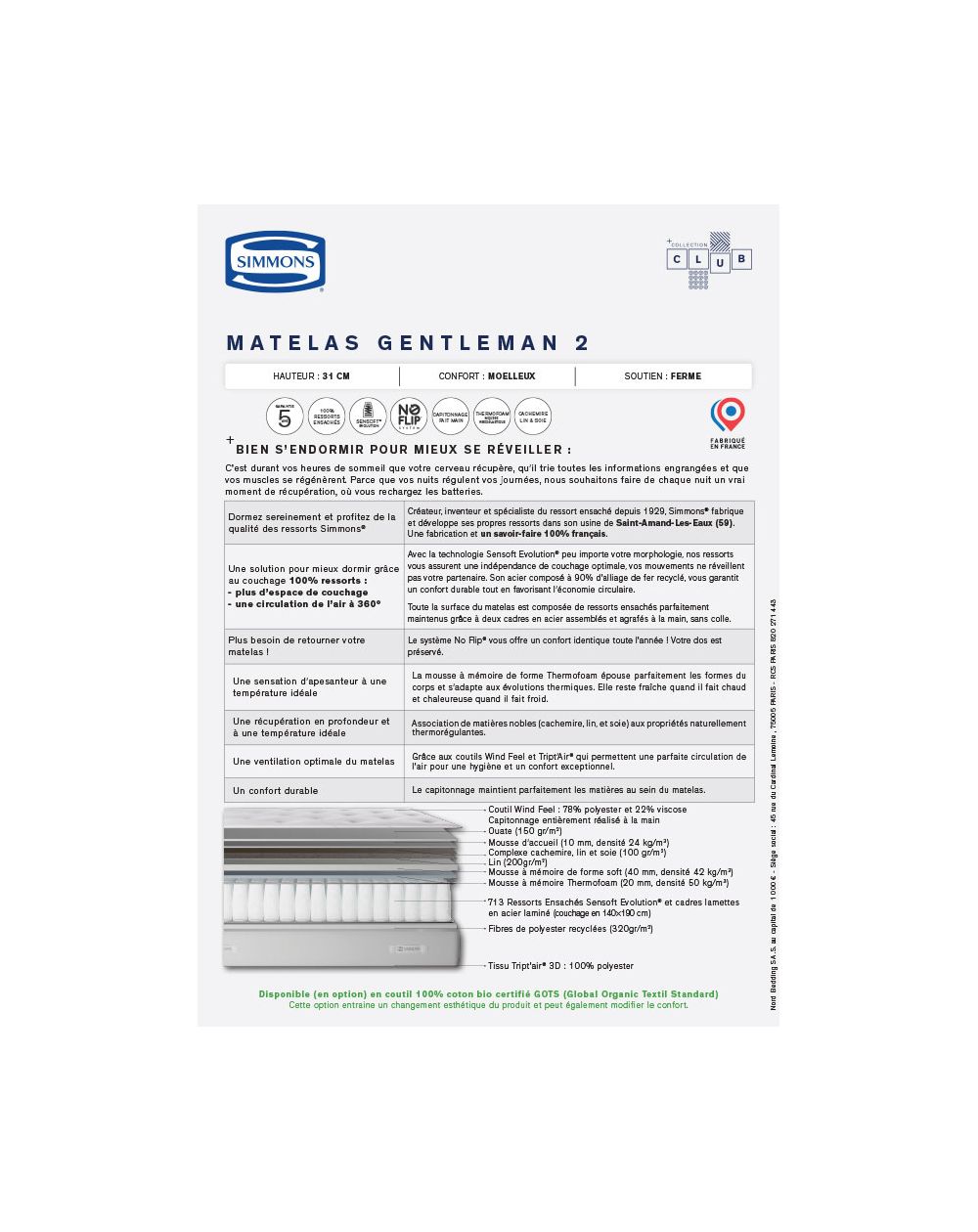 Matelas Simmons - Gentleman - 180x200